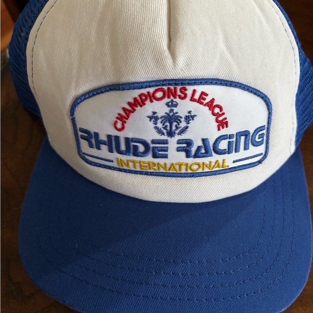 Rhude Racing Champions League Trucker Hat - White & Royal Blue